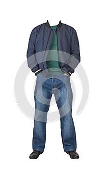 Dark blue jeans,sweater,  jacket with a hood and  black leather shoes isolated on white background. Casual style