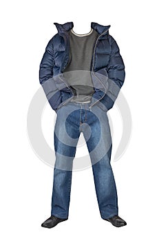 dark blue jeans,sweater, jacket with a hood and black leather shoes  on white background. Casual style