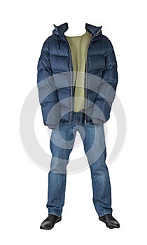 dark blue jeans, t-shirt , jacket and black leather shoes isolated on white background