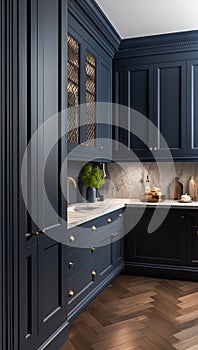 Dark blue kitchen decor, interior design and house improvement, classic English in frame kitchen cabinets, countertop and