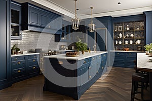 Dark blue kitchen decor, interior design and house improvement, classic English in frame kitchen cabinets, countertop and