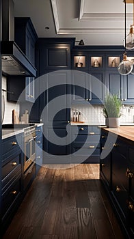 Dark blue kitchen decor, interior design and house improvement, classic English in frame kitchen cabinets, countertop and