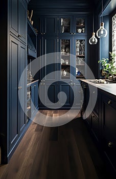 Dark blue kitchen decor, interior design and house improvement, classic English in frame kitchen cabinets, countertop