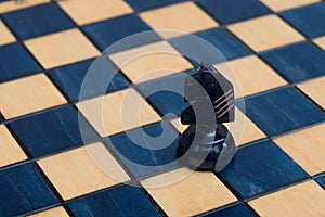 Dark blue knight on wooden chessboard