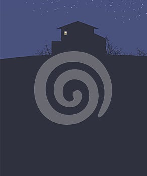 Dark blue landscape sky with stars night house on a hill dark outline bushes branches and bright light to a rectangular box vector