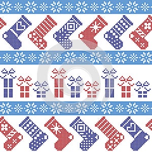 Dark blue, light blue and red Nordic Christmas pattern with stockings, stars, snowflakes, presents, decorative ornaments in