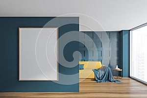 Dark blue living room with yellow sofa and poster