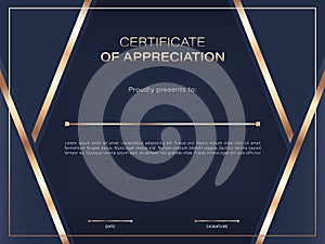 Dark blue luxury certificate or diploma template with golden elements