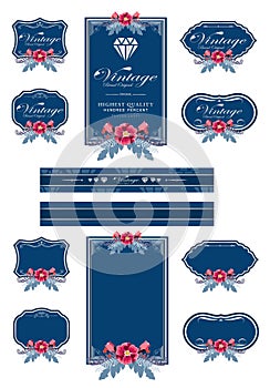 Dark blue luxury invitation flower labels and blank labels.