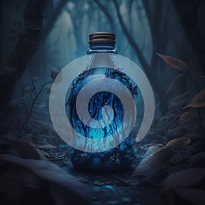 Dark blue magic potion in a glass bottle on a spooky forest background. Generative AI