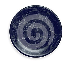 Dark blue marble plate, Empty ceramic plate with marble texture, View from above isolated on white background with clipping path