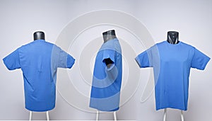 Dark blue men`s blank t-shirt template, view from three directions,