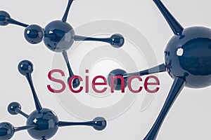 Dark blue molecules over white, red word science