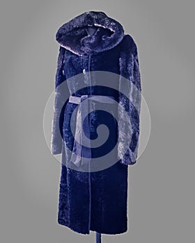 Dark blue Mouton fur coat, mink sleeves and hood, Fitted silhouette with leather belt