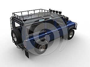 Dark blue off road vehicle - tail view