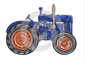 Dark blue old Tractor Vintage hand drawn cute vector line art