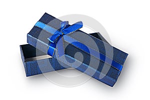 Dark blue open gift box with satin bow