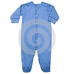Dark blue organic sleep suit for baby with long sleeve isolated on a white background, for boys. Mock up for design and
