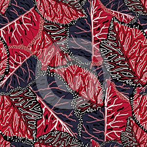 Dark blue and pink leaves with hand drawn black and white abstract lines and dots, seamless pattern vector