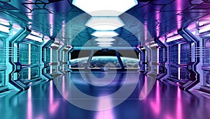 Dark blue pink spaceship futuristic interior with window view on planet Earth 3d rendering