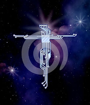 Dark blue and purple outer space background.The cross of Jesus Christ in the style of circut electrical diagram.
