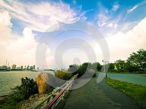 dark blue river and sky. cloundy