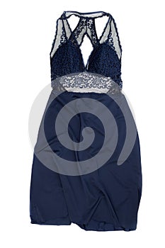 Dark blue satin ladies` nightgown. Isolate on white