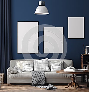 Dark blue Scandinavian home interior with retro furniture, poster wall mock-up in living room