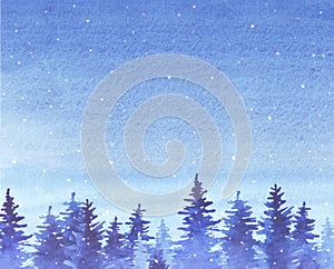 Dark blue silhouettes of slender fir trees. Watercolor hand drawn illustration with Winter Forest.