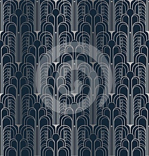 Dark blue and silver art deco geometric seamless pattern