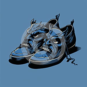 Dark Blue And Sky-blue Demon Shoes: Graphic Illustration With Neoclassicism Minimalist Style
