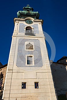 Dark blue sky and old castle tower in Banska Stiavnica, Slovakia