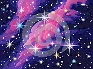 Dark blue sky, pink and purple nebulas and shining stars.