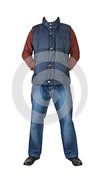 Dark blue sleeveless jacket ,blue jeans,sweater and black leather shoes isolated on white background