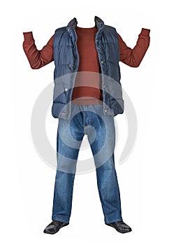 Dark blue sleeveless jacket ,blue jeans,sweater and black leather shoes isolated on white background