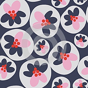 Dark Blue with small ditsy florals and petals in a circle seamless pattern background design.