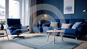 Dark blue sofa and recliner chair in Scandinavian apartment. Interior design of modern living room