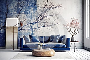 Dark blue sofa and round wooden coffee table against concrete wall with painted tree branches. Loft home interior design of modern