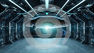 Dark blue spaceship futuristic interior with window view on planet Earth 3d rendering