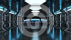 Dark blue spaceship futuristic interior with window view on planet Earth 3d rendering
