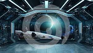 Dark blue spaceship futuristic interior with window view on space and planets 3d rendering