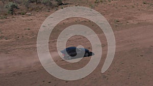 Dark blue sport car goes fast on sandy road leaving dust clouds behind.