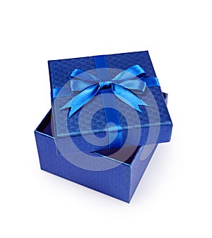 Dark blue square gift box with shiny satin bow