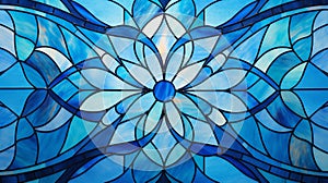 Dark blue stain glass with a random abstract pattern with white light from the background.