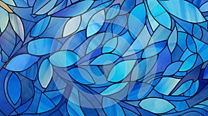 Dark blue stain glass with a random abstract pattern with white light from the background.