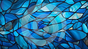 Dark blue stain glass with a random abstract pattern with white light from the background.