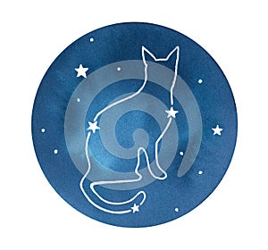 Dark blue starry sky with Cat Constellation. Symbol of good fortune, comfort, prosperity, warmth, purity and perfection.