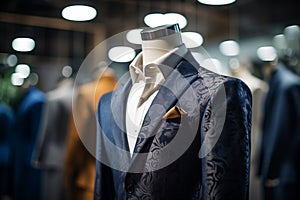 dark blue suits on a mannequin in the atelier, blue suit with shirt on mannequin standing in store, generative ai