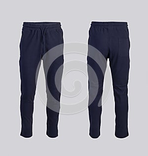 Dark blue sweatpants Front and back view isolated on white photo