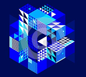 Dark blue vector abstract geometric background with cubes and different rhythmic shapes, isometric 3D abstraction art displaying